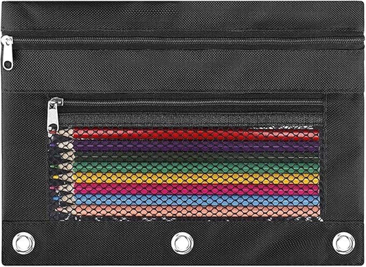 Pencil Pouch for 3 Ring Binder - Small Zipper Pen Case, Black Pencil Pouches for Boys Kids, School Supplies, 3 Hole Nylon Pencil Bag Accessories Clear Window Aesthetic Organizer
