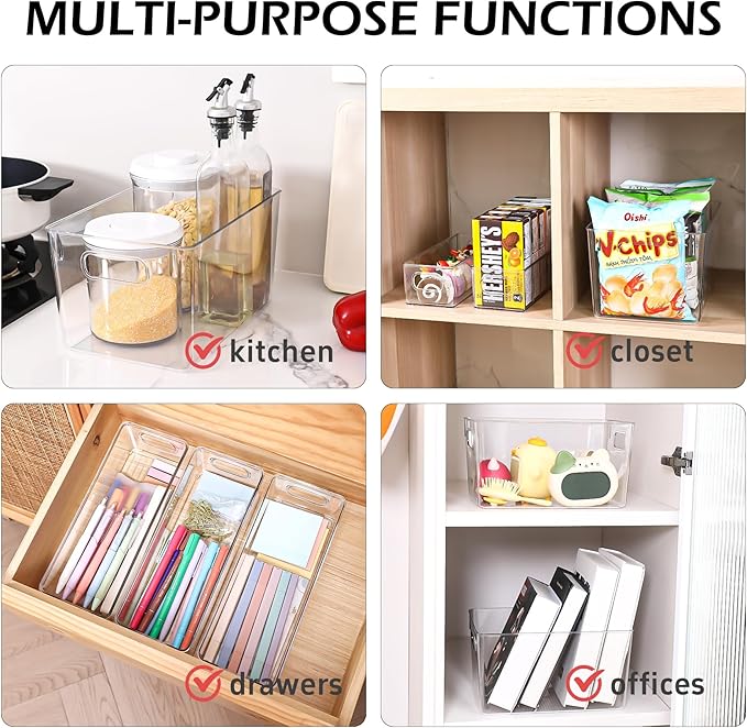 Clear Plastic Storage Bins 8 Pack - Pantry Organizers and Storage, Fridge Organizer for Kitchen, Cabinet, Freezer, Bathroom, Clost, Home Organization