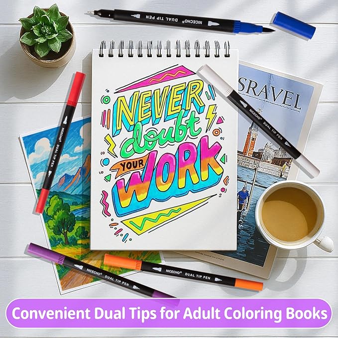 Nicecho 24 Colors Dual Tip Art Markers Pens for Adult Coloring Books, Brush and Fineliner Tip Art Suppliers for Journaling Note Taking Lettering