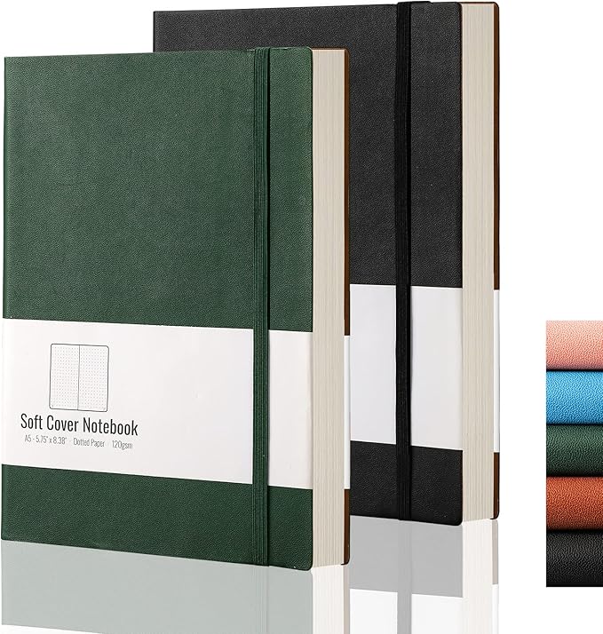 AHGXG Dotted Bullet Grid Journal 2 Pack - A5 Dot Grid Notebook Softcover, Medium 5.75'' × 8.38'', 320 Numbered Pages, 120gsm Thick Dotted Paper, Soft Leather Cover (Black Green)