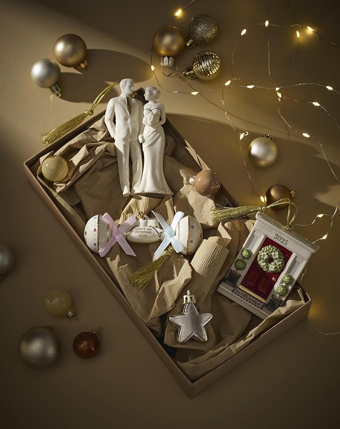 Lenox Ornament, 2025 Babys 1st Christmas Rattle Ornament, Porcelain with Gold Accents and Hanging Cord, Christmas Decorations, Blue/Pink Ribbons, Winter Tree Decor, Winter Decor (Cream, 1 Piece)