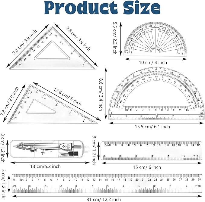 Zonon 1 Set Plastic Geometry Math Set Includes Drawing Compass, 6 and 4 Inch Protractor, 45/60 Degree Triangle Rulers 12 and 6 Inch Math Ruler Transparent for Office Supplies(Clear)