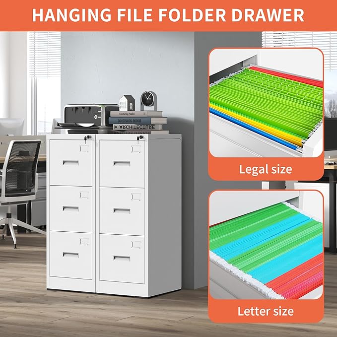 3 Drawer Metal File Cabinet with Lock,White Steel Filing Cabinets Heavy Duty Locking Vertical File Cabinet Home Office Storage Cabinet for Legal/Letter Size File,Assembly Required