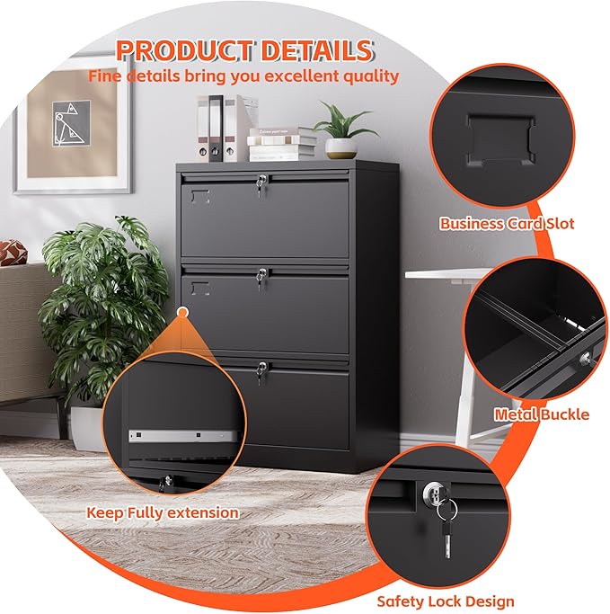 METAN Upgrade Metal 3 Drawer Lateral Files Cabinet for Home Office, Lockable Steel Wide File Storage Cabinet for Hanging Legal/Letter A4 Size, Assembly Required, Black