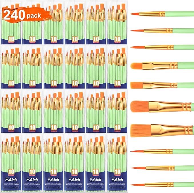ESRICH Paint Brushes Set,24 Packs 240 Pcs Acrylic Paint Brush Set,Acrylic Oil Watercolor, Face Nail Art, Miniature Detailing,Rock Painting,Painting Artist Professional Kits(Green)