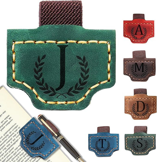 Personalized Bygone Mark Bookmark with Pen Holder, Leather Magnetic Bookmark 26 Letters Name Initial Bookmarks for Readers, Book Lover Gifts for Women Men Notebook Accessories (Green, J)