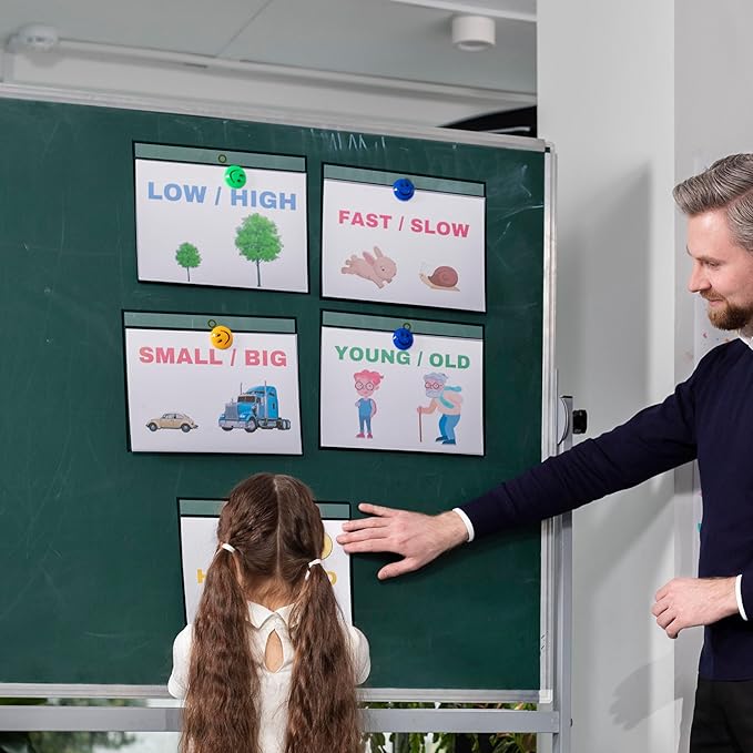 Office Werks Stitched Dry Erase Pockets Black, Landscape View Heavyduty 11" X 8.5" Clear Both Sides Plastic Sleeves with 1 Hole for Attaching to Machinery, File Cabinets, Hanging, Black Trim (25 Pack)