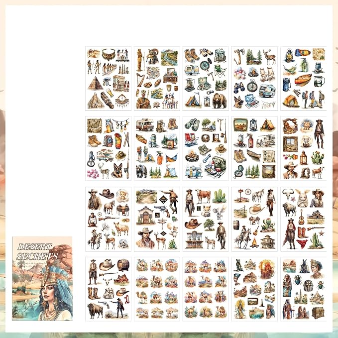 TIAMECH Desert Secrets Sticker Book - Mysterious Egypt Series, 20 Sheets PET & Washi Stickers for Scrapbooking, Ephemera, Waterproof Junk Journaling Supplies & DIY Crafts (Size 10.5 x 7.1in)