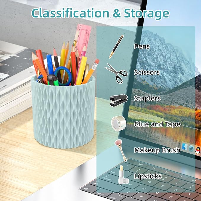 Blue Pen Holder for Desk, 360 Degree Rotating Desk Organizer with 5 Compartments, Pen Pencil Makeup Brush Holder, Cosmetics Lipsticks Pen Organizer for Home Office School