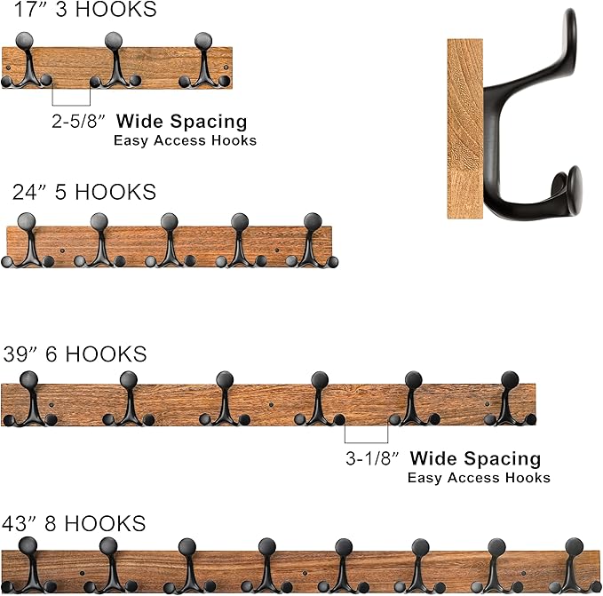 SKOLOO 24-Inch Light Brown Wood Coat Rack Wall Mount with 5 Triple Hooks - Ideal for Family Entrances, Classrooms, and Pet Supplies Storage - Perfect Coat Hooks for Wall