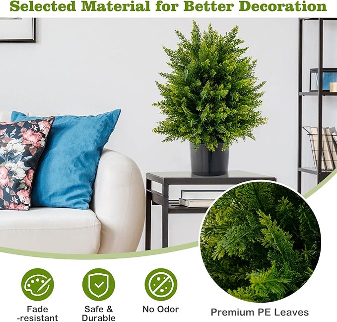 Goplus 21.5” Artificial Cedar Topiary Ball Tree, Set of 2 Faux Potted Plants Artificial Shrubs Bushes with Cement Pot, Fake Evergreen Artificial Topiary for Indoor Outdoor Home Front Porch Decor