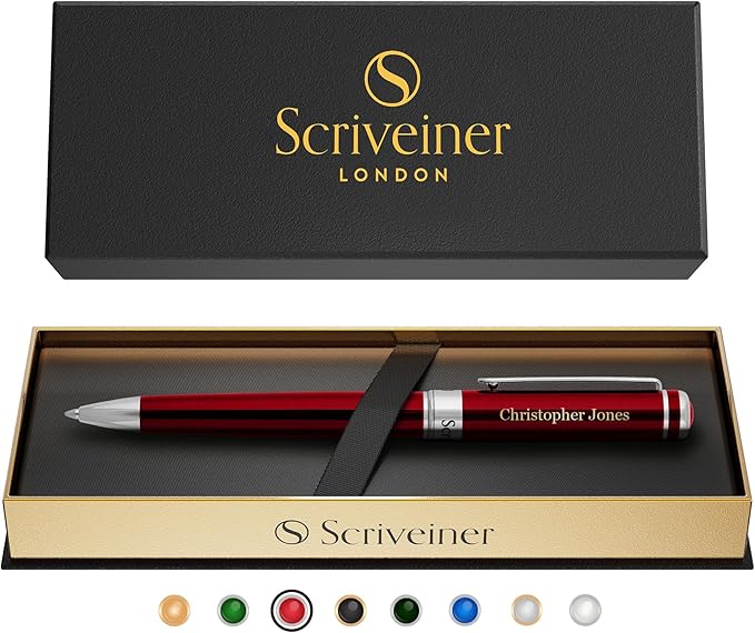 Scriveiner Personalized Deep Crimson Red Pen - Stunning Red Lacquer Luxury Pen with Chrome Finish, Schmidt Ink Refill, Best Engraved Ball Point Gift Set for Men & Women, Custom Name Engraving
