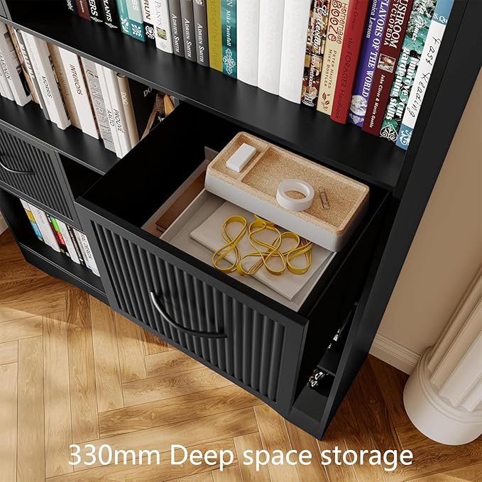 70" Tall Arched Bookcase and Book Shelf, Narrow Bookshelf with Drawers, Modern Wooden Bookshelves w/Adjustable 2 Bins Storage, Skinny bookshelf w/Open Display Shelves for Living Room, Office, Black