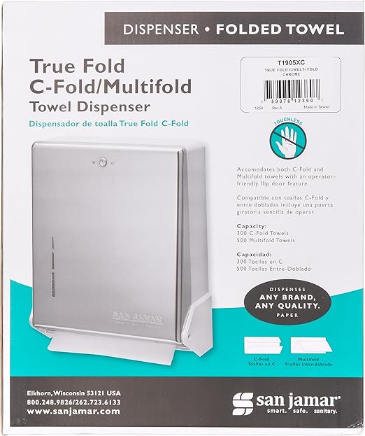 San Jamar True Fold Paper Towel Dispenser Holds Multifold/C-Fold Towels for Bathroom, Kitchens, and Restaurants, Metal and Plastic, 14.5 x 11.375 x 5 Inches, Chrome