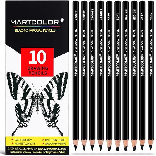 Charcoal Pencils for Drawing, 10 Pieces (S-Soft, Ex-Soft, Soft, Medium, & Hard) Black Charcoal Pencils for Sketching, Shading, Blending