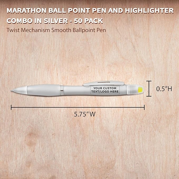 DISCOUNT PROMOS 50 Marathon Gel Highlighter Pens Pack - Customizable Text, Logo - Twist Mechanism, Ballpoint - Silver