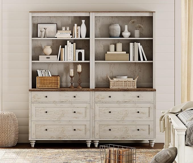 WAMPAT 3 Tier Bookshelf with 3 Drawers, 72" Tall Bookcase Large Farmhouse Display Book Case Shelf with 3-Tier Open Book Shelfs，Library Wood Bookshelves for Living Room,Kitchen, Rustic White (2PCS)