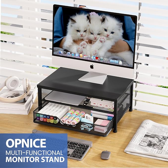 OPNICE Computer Monitor Stand Riser, Desk Organizers and Accessories with Drawer, Laptop Stand, Office Desk Accessories & Workspace Desktop Organizers Storage for Office Supplies(Black)