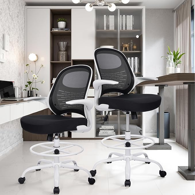 HYLONE Tall Drafting Chair Standing Desk Chair with Flip-Up Armrests, Adjustable Height Ergonomic Office Chair with Footrest Ring - High Stool Chair for Standing Desk (Black Mesh&White Base)