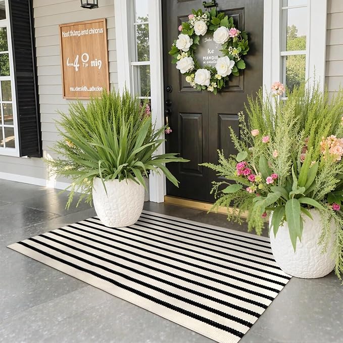 Collive Black and White Outdoor Rug Christmas Door Mat 24"x 51", Cotton Woven Striped Welcome Doormat, Washable Front Porch Decor for Farmhouse Front Door Layered Entryway Christmas Decorations