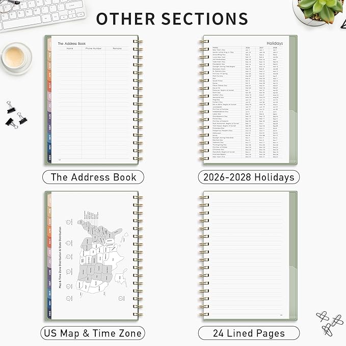 RETTACY 2026 Planner, Weekly and Monthly, Medium Size (5.7" x 8.3"), Jan - Dec 2026, Agenda, Calendar, 12 Month Tabs, Flexible Plastic Cover, 100 GSM Thick Paper, Spiral-bound (Light Green)
