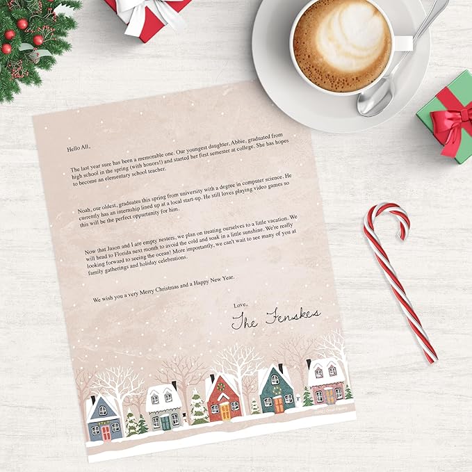 Snowy Village Holiday Letterhead / 50 Sheets / 8.5" x 11" Festive Winter Wonderland Neighborhood Holiday Paper/Decorative Snow Houses Christmas Stationery