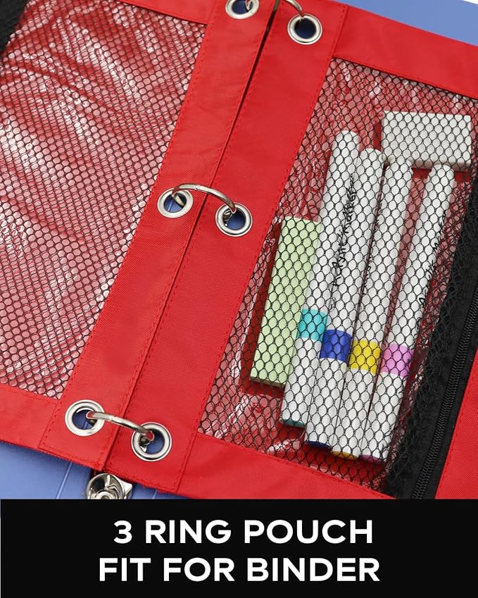 3 Ring Binder Pencil Pouch - School Pencil Case with 2 Zippered Pockets, Clear Mesh Window Pencil Bag, B5 Size, Back to School Gifts (Red)