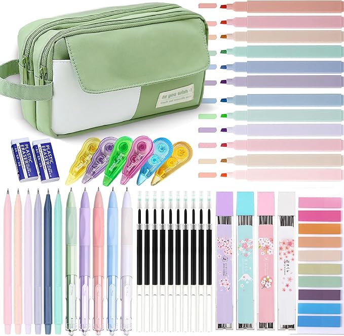 42 Pcs Big Capacity Pencil Pouch with Aesthetic School Supplies, 12 Pastel Highlighters, 5 Black Ink Gel Pens, 6 Mechanical Pencils Set 0.5 & 0.7mm, Sticky Notes, Stationary Set for Student(Green)