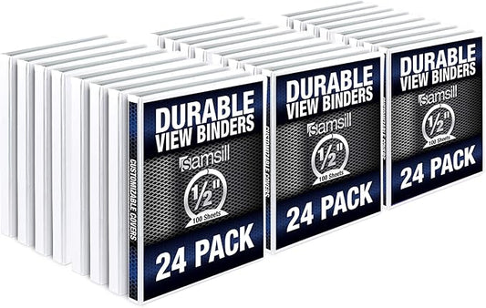 Samsill Durable .5 Inch Binder, Made in the USA, Round Ring Customizable Clear View Binder, White, 24 Pack (MP248417)