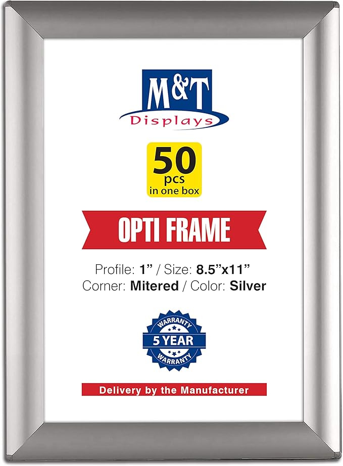 M&T Displays 8.5 x 11 Picture Frame, Front Loading Diploma Frame, Silver Color, 1" Profile Size, 50 Packs