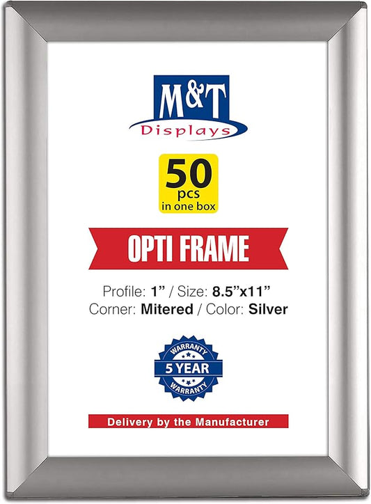 M&T Displays 8.5 x 11 Picture Frame, Front Loading Diploma Frame, Silver Color, 1" Profile Size, 50 Packs