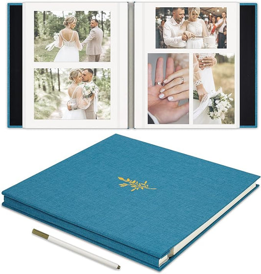 Self Adhesive Photo Album, Sky Blue Scrapbook Album with DIY 40 Blank Pages, Wedding Photo Album with A Metallic Pen for 4x6 5x7 2x3 Pictures, 10.6"x11"