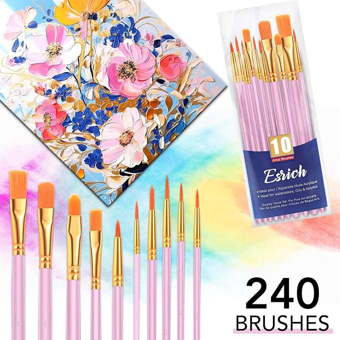 ESRICH Acrylic Paint Brushes Set, 24Packs /240 Pcs, Nylon Brush Head, for Oil Painting, Gouache, Face,Ceramics etc, Kid's and Adults Painting Arts and Crafts Sets.(Pink)