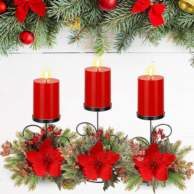 Yunlly Set of 3 Christmas Centerpiece Candleholder with Flameless Candlelights, Poinsettia Adorned Candelabrum for Xmas Family Party Holiday Table Mantle Decoration