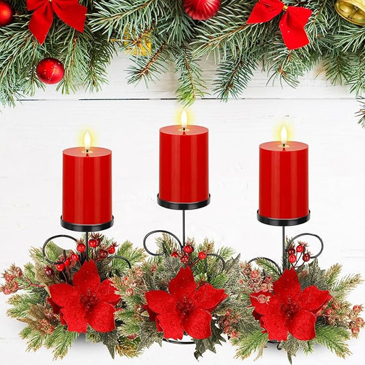 Yunlly Set of 3 Christmas Centerpiece Candleholder with Flameless Candlelights, Poinsettia Adorned Candelabrum for Xmas Family Party Holiday Table Mantle Decoration
