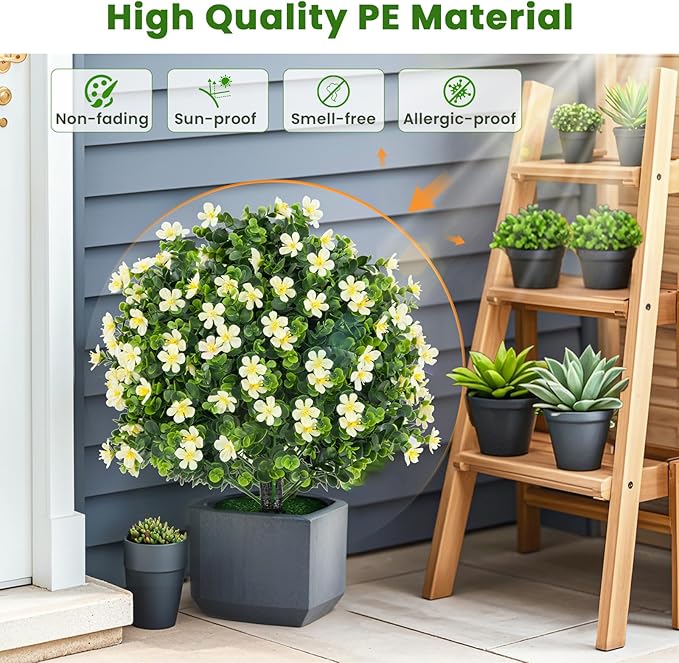 Goplus 21.5'' Artificial Boxwood Topiary Ball Tree, Set of 2 Faux Potted Plants Artificial Shrubs Bushes with White Flowers, Fake Evergreen Artificial Topiary for Indoor Outdoor Home Front Porch Decor