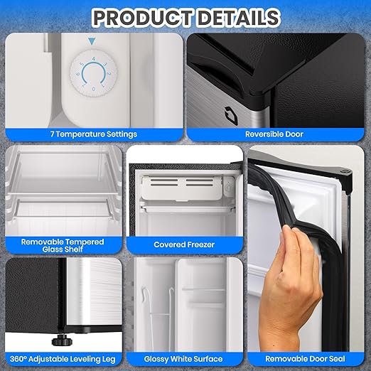 3.2 Cu.Ft Mini Fridge with Freezer, Single Door Compact Refrigerator, Energy Saving, Small Fridge Adjustable Thermostat Control, Mini fridge for Bedroom, Dorm, Office, Silver