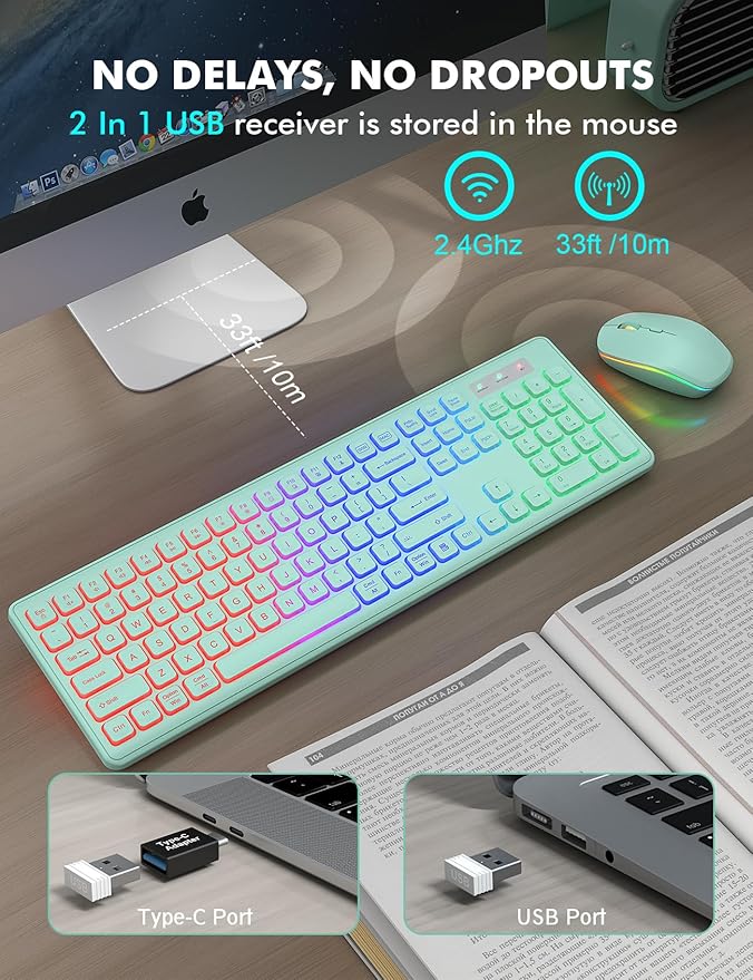 Wireless Keyboard and Mouse Combo - RGB Backlit, Rechargeable & Light Up Letters, Full-Size, Ergonomic Tilt Angle, Sleep Mode, 2.4GHz Quiet Keyboard Mouse for Mac, Windows, Laptop, PC, Mint Green