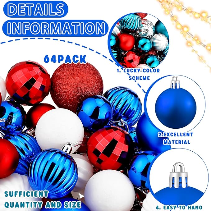 64 Pcs Veterans Day Patriotic Christmas Ball Ornaments Bulk Red White Blue Christmas Tree Ornaments 1.6/1.97/2.4 Inch Xmas Baubles 4th of July Xmas Decorations for Tree Home Wreath Decor