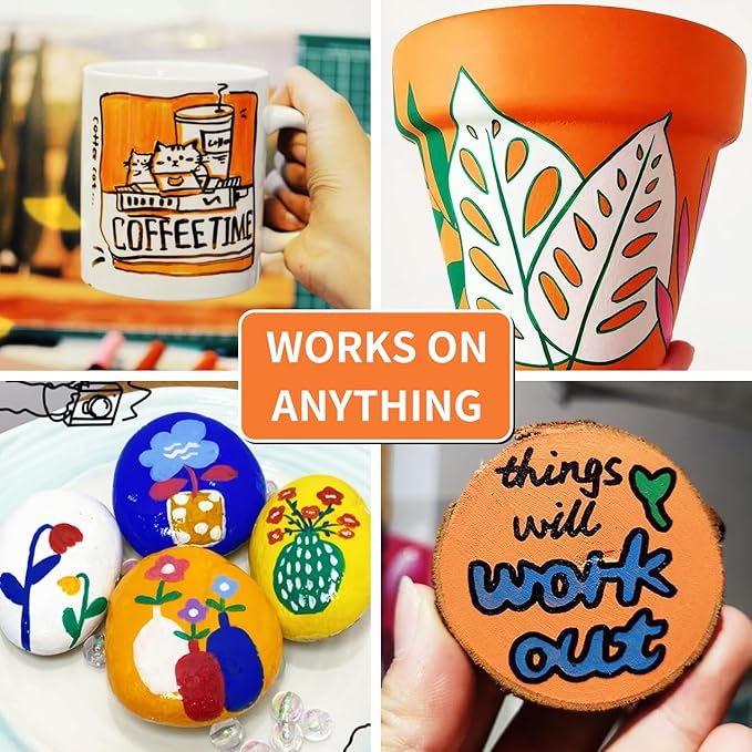 Orange Permanent Paint Pens - 6 Pack Oil Based Paint Markers, Pens For Rock Painting Car Tyre Metal, Plastic, Canvas, Mugs, Wood, Glass, Quick Drying and Waterproof, Medium Point