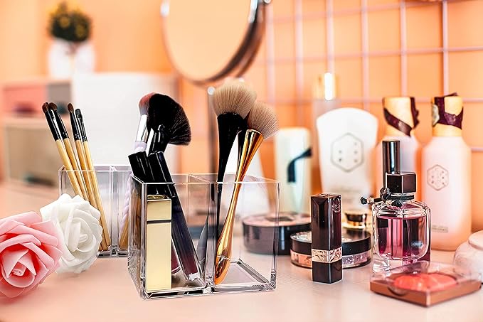 2pcs Makeup Brush Holder, Acrylic Clear Organizer For Cosmetics, Pen Pencil Cup Holder For Desk