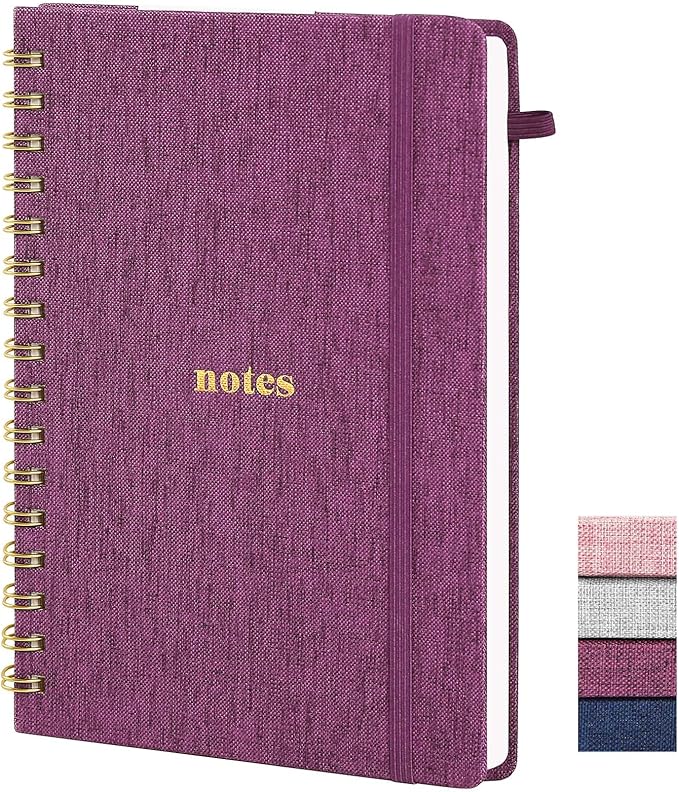 A5 Spiral Notebook – Hardcover Journal 160 Lined Pages 100 GSM Thick Paper With Elastic Band & Pen Holder College Ruled Writing Notebooks for Work School Travel purplish-red