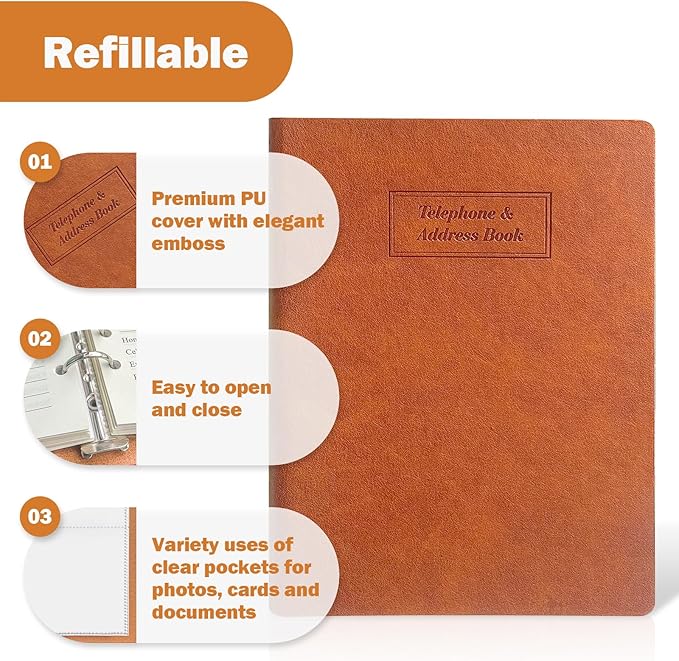 Happyaokeland Refillable Address Book with Alphabetical Tabs, Hardcover Phone Book 648 Contact Book w/Pockets, Large Print Address Books for Seniors, A5, Brown