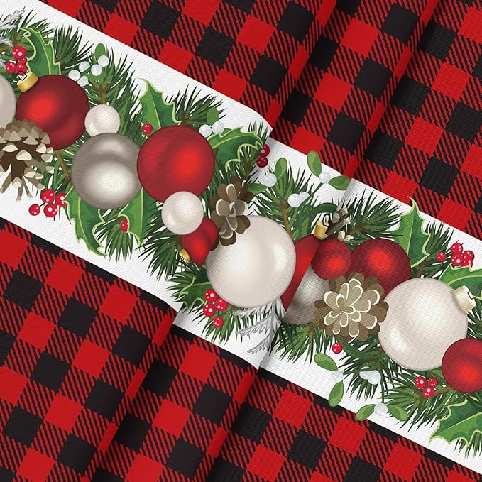Horaldaily Christmas Tablecloth 60×60 Inch Round, Christmas Ball Ornaments Red Bufalo Plaid Washable Table Cover for Party Picnic Dinner Decor