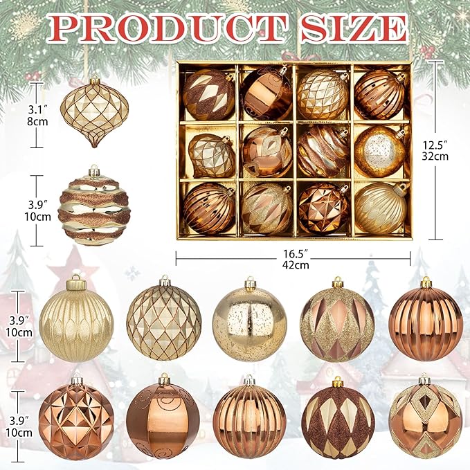 Hollyone 4 Inch Bronze Christmas Ornaments 12Pcs Brown Christmas Tree Ornaments Balls Colored Shatterproof Christmas Ornaments for Xmas Tree Decor Holiday Party Wreath Home Decor (Bronze, 100mm)