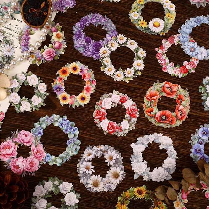 48 Pieces Vintage Garland Hard Card Scrapbook Stickers, 6 Pack Aesthetic Background Flower Frames Decorative Stickers for Scrapbooking Planner Junk Journal Supplies Collage
