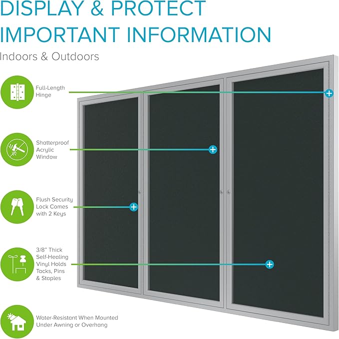 Ghent 48"x96" 3-Door Outdoor Enclosed Vinyl Bulletin Board, Shatter Resistant, with Lock, Satin Aluminum Frame - Ebony (PA34896VX-183), Made in the USA