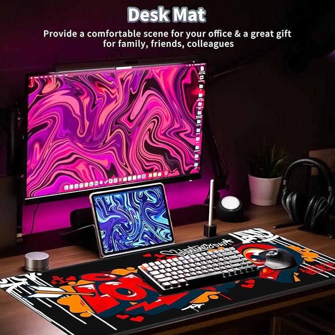 Gaming Mouse Pad, Keyboard Mouse Pad 31.5x15.7 inch XXL Large Computer Laptop Cool Desk Mat with Non-Slip Rubber Base and Stitched Edge for Home Office Work, Black Love Graffiti