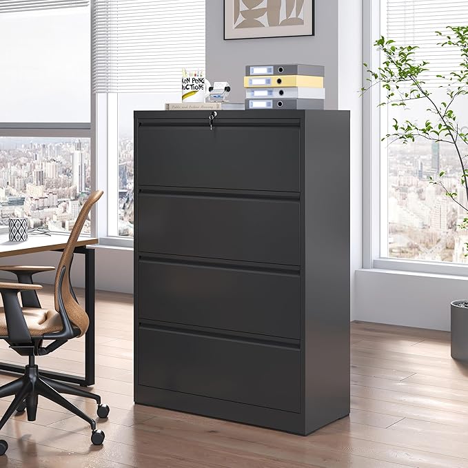 4 Drawer Lateral File Cabinet, Metal Filing Cabinets for Home Office, Steel Storage Wide File Cabinet for Letter/Legal/F4/A4 Size with Hanging Bars, Assembly Required (Black)