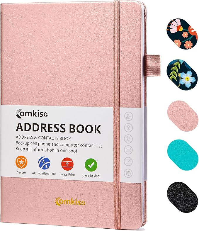 Address Book with Individual Alphabetical Tabs Laminated, Large Print Address Book with 468 Wide Lining Entry Spaces, Change of Address Labels, Hardcover Address Book 5.7 x 8.5" - Rose Gold